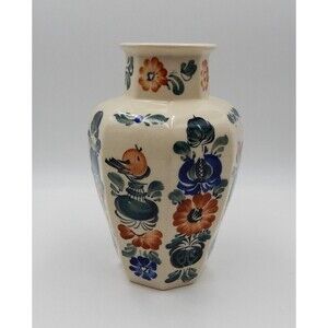 Wloclawek Vase Polish Pottery Hand Painted 8 Panel Blue Burgundy Floral 9.5 Inch